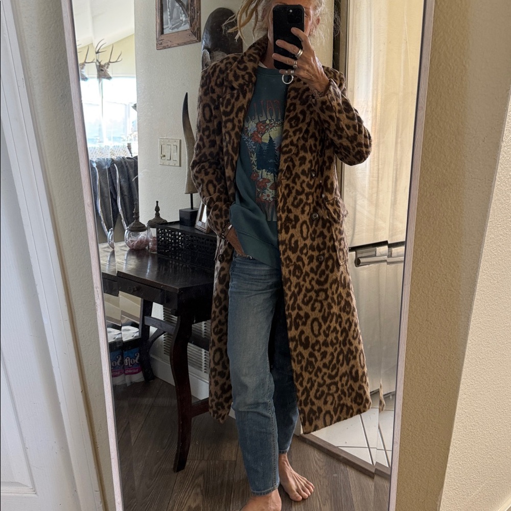 Leopard Print Long Coat structured shoulders Vtg - image 2